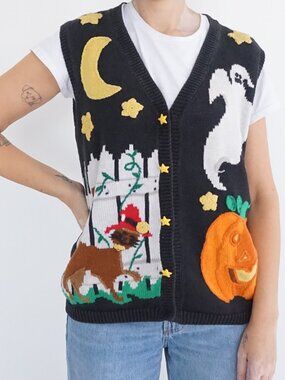 Vintage Robin Sinclair Black Halloween Ghost Pumpkin Moon Knit Sweater Vest S